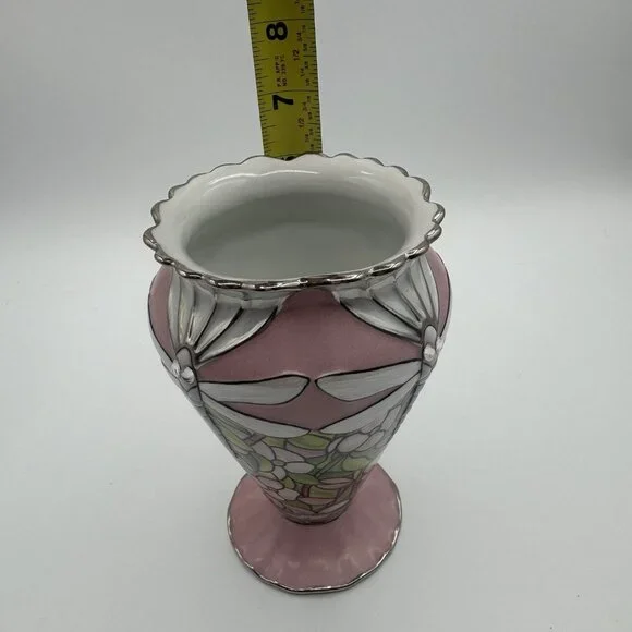 VTG Louis Tiffany Bradford Exchange Glittering Dragonflies Porcelain Vase Pink - Picture 8 of 9